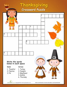 thanksgiving crossword puzzle with two children dressed as pilgrim and witch, on an orange background