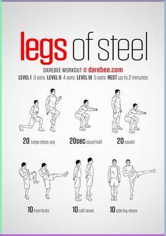 a poster with instructions on how to do the legs of steel, including exercises for beginners