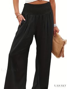 Lasaky - Womens Spring and Summer Solid Color Wide Leg Pants with Shirred Waistband Solid Color Pull-on Bottoms For Day Out, Solid Pull-on Style Bottoms For Day Out, High Waist Pull-on Summer Pants, Summer High Waist Pull-on Pants, Summer High Waist Pull-on Style Pants, Baggy Pants With Elastic Waistband For Day Out, Day Out Pants With Elastic Waistband, Versatile Non-stretch Pants With Elastic Waistband, Fall Vacation Bottoms With Elastic Waistband