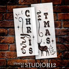 two pieces of paper with the words christmas and deers on them against a brick wall