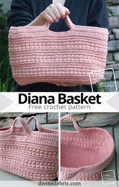 a pink crocheted basket is shown with the text above it that says, diama basket free crochet pattern