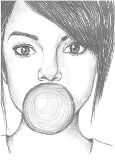 a pencil drawing of a woman's face with a lollipop in her mouth