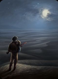 a painting of a man carrying a child on his back in the desert at night