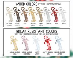 two different color options for the word, wood colors and break resistant colors are shown