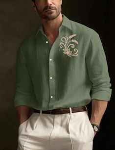 Save with code: “SAVEPIN50” - Dress to impress outfit ideas, from casual and business casual to trendy and occasion-specific styles, including spring, summer, concert, and graduation outfits, along with accessories like shoes and piercings 30% Linen Embroidery Men's Shirt Upgrade your style effortlessly with our 30% Linen Embroidery Men's Shirt. Perfect for any occasion, this linen shirt combines comfort and elegance in one. Whether you're heading to the beach, a casual outing, or enjoying the outdoors in spring or fall, this shirt is a versatile choice for your daily wardrobe. Key Features: 30% linen blend for a breathable and lightweight feel Exquisite embroidery detail for a touch of sophistication Available in classic Black, White, and Khaki colors Long sleeves for added style and warm Casual Long Sleeve Embroidered Shirt, Casual Embroidered Shirt With Spread Collar, Green Casual Top For Semi-formal Occasions, Linen Shirt Beach, Embroidery Shirt Men, Korean Shirts, Mens Beach Shirts, Embroidery Neckline, Semi Formal Outfits