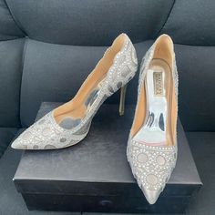 Worn Only Once To A Wedding, In Excellent Shape! Come With It’s Own Box. Stores Has It Listed As Ivory Color, I’d Say It’s On The Gray Side. Luxury Sequined Heels For Wedding, Silver Heels With Rhinestones For Reception, Elegant Sequined Round Toe Wedding Shoes, Silver Sequined Heels For Wedding, Fitted Embellished Silver Wedding Shoes, Silver Fitted Embellished Wedding Shoes, Fitted Silver Embellished Wedding Shoes, Elegant Sequined Heels For Wedding, Designer Silver Wedding Heels