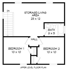 the floor plan for a two bedroom house with an upstairs living area and kitchenette