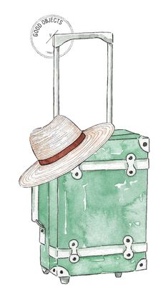 a green suitcase with a hat on top