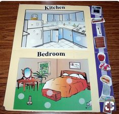 the kitchen and bedroom are labeled in two separate pictures, each with their own color scheme