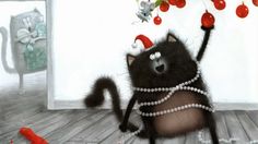 a black cat wearing pearls and beads is standing in front of a mirror with two cats on it