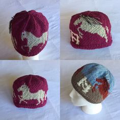 four knitted hats with horses on them