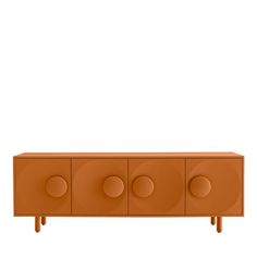 an orange cabinet with three round knobs on the front and two circles on the back