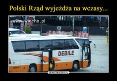 an orange and white bus parked in front of a parking lot with the words polish rad