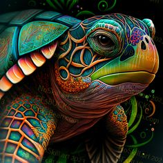 a painting of a colorful turtle on a black background