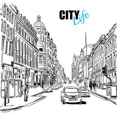 the city street with cars and people walking on it royalty - art iste illustration