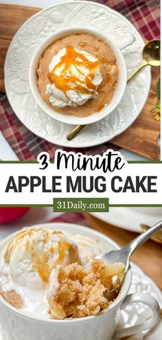 an apple mug cake is served in a white bowl