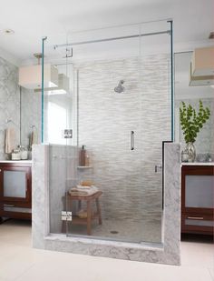 a walk in shower sitting inside of a bathroom