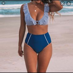 Sexy Blue Striped And High Waisted Bikini Set. The Top Is Adjustable And Has Padding . Please Note: The Bikini Top Is Small And The Bottom Is M. Beautiful Blue Color Blue High Waist Tankini For Beach, Blue High-waist Beachy Swimwear, Beachy Blue High Waist Swimwear, Beachy Blue High-waist Swimwear, Spring Break Outfits Beach, Striped Two Piece, Beach Bathing Suits, Ruffle Swimsuit, Pink Swimsuit