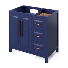 a blue cabinet with gold handles and drawers on the bottom, it has an open door