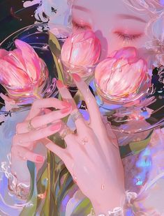 a digital painting of a woman holding three pink flowers in front of her face and hands