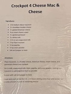 the instructions for crockpot cheese mac and cheese