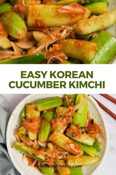 an easy korean cucumber kimchi recipe in a bowl with chopsticks