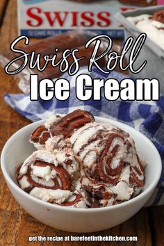 a bowl filled with ice cream sitting on top of a wooden table