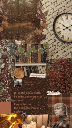 a collage with many different pictures and words on it, including a clock in the background