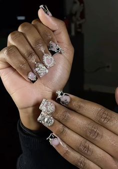 #junknails  #ducknails #black #nails #shortnails Short Nails Ideas Dark Colour, Duck Nails Inspo Black, Junk Nails French Tip, Cute Junk Nails Short, Bling Acrylic Nails Black, Short Nail Ideas With Charms, Black And White Junk Nails, Birthday Nails With Bling, Black Junk Nails Duck