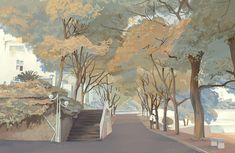 a painting of trees lining a street with stairs leading up to the water's edge