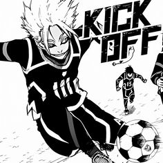 an anime character kicking a soccer ball on the ground with other characters in the background