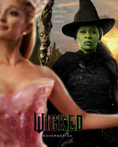 a woman in a witch costume next to a poster for the movie's title