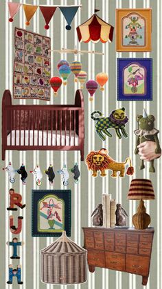 a baby's room with lots of pictures and toys hanging from the ceiling above it