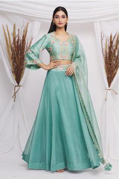 Shop for Surbhi shah Blue Organza Embroidered Blouse With Lehenga Set for Women Online at Aza Fashions Powder Blue Lehenga, Blouse With Lehenga, Blue Organza, Blue Lehenga, Organza Fabric, Floral Motifs, Embroidered Blouse, Powder Blue, Set For Women