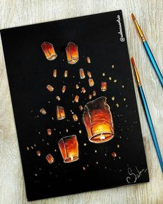 a drawing of some glasses on a table with pencils and paintbrushes next to it