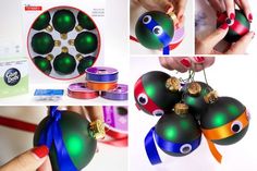 some ornaments are being made with ribbon and other things to make it look like they have eyes on them