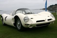 a white sports car parked on top of a lush green field next to the ocean