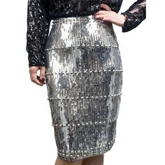 Silver Beaded Sequin A-line Bodycon Skirt Party Mini Pencil Skirt With Lining, Glamorous Stretch Pencil Skirt, Elegant Fitted Mini Skirt With Sequins, Fitted Sequin Pencil Mini Skirt, Winter Party Pencil Skirt, Winter Party Mini Pencil Skirt, Glamorous Fitted Winter Skirt, Chic Fitted Sequin Skirt, Elegant Mini-length Pencil Skirt For Party