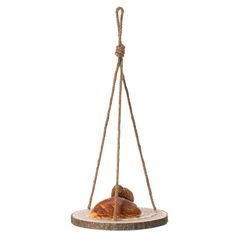 a bird feeder hanging from a rope with a piece of bread on it's side