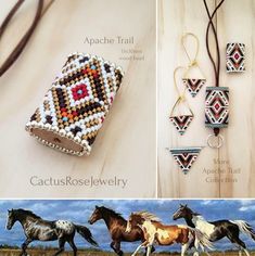 three different pictures of horses in the wild, including one with a beaded purse