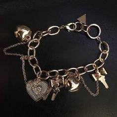 New, Adorned With Lots Of Charms Valentine's Day Rose Gold Metal Charm Bracelet, Rose Gold Charm Bracelet For Valentine's Day Party, Chunky Silver Jewellery, Guess Jewelry, Bracelet Set Silver, Silver Heart Bracelet, Expandable Bracelet, Stone Bangle, Gold Charm Bracelet