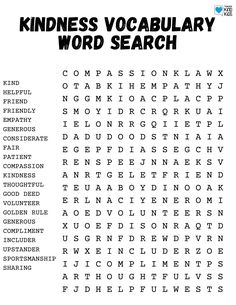 the word search for kindness's vocably word search is shown in black and white