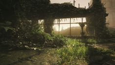 an abandoned building with ivy growing on it's walls and windows in the background