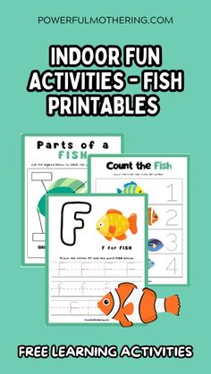 the free printable worksheet for indoor activities including fish and letter f is for