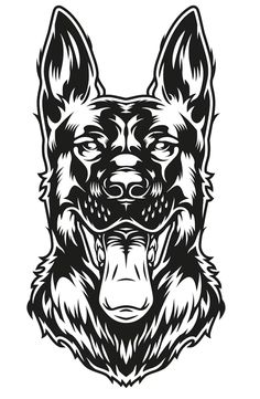 a black and white drawing of a dog's head with an evil look on its face