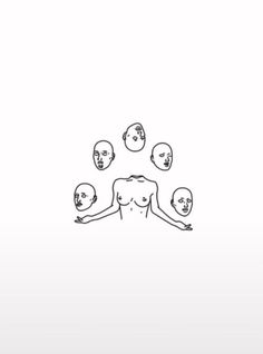 a line drawing of a person surrounded by five heads