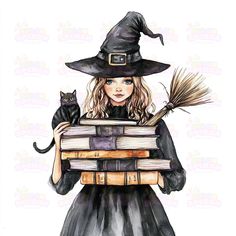 a watercolor painting of a girl holding a stack of books and a black cat