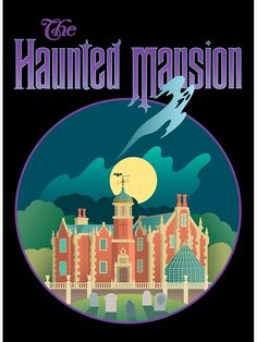 the haunted mansion logo on a black background with an image of a castle in the middle