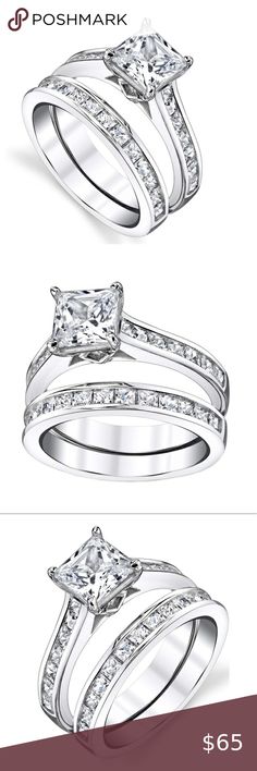 925 Sterling Silver Princess Cut Bridal Set The ring set also includes matching princess eternity band studded with cubic zirconia stones. The bridal rings are finely crafted of gleaming 925 Sterling silver and are enhanced with a high polish finish. Center stone measures 1.5 carat princess center. constructed with fine 925 Sterling Silver, and is lavishly plated with rhodium plating, giving it the perfect white Goldtone look. All of our silver rings are stamped 925 to assure proper concentratio Cubic Zirconia Bridal Set For Anniversary, Princess Cut, Princess Cut Cubic Zirconia Bridal Sets For Anniversary, Anniversary Bridal Set With Princess Cut Cubic Zirconia, Cubic Zirconia Bridal Sets - Princess Cut Promise Ring, Cubic Zirconia Bridal Sets For Promise Ring, Princess Cut, Cubic Zirconia Bridal Set With Princess Cut Center Stone, Cubic Zirconia Bridal Set With Princess Cut, Princess Cut Cubic Zirconia Bridal Set With Center Stone, Silver Cubic Zirconia Channel Set Wedding Ring