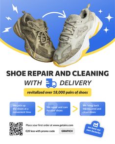 shoe repair and cleaning flyer with two shoes on the bottom right hand corner, text reads shoe repair and cleaning with delivery